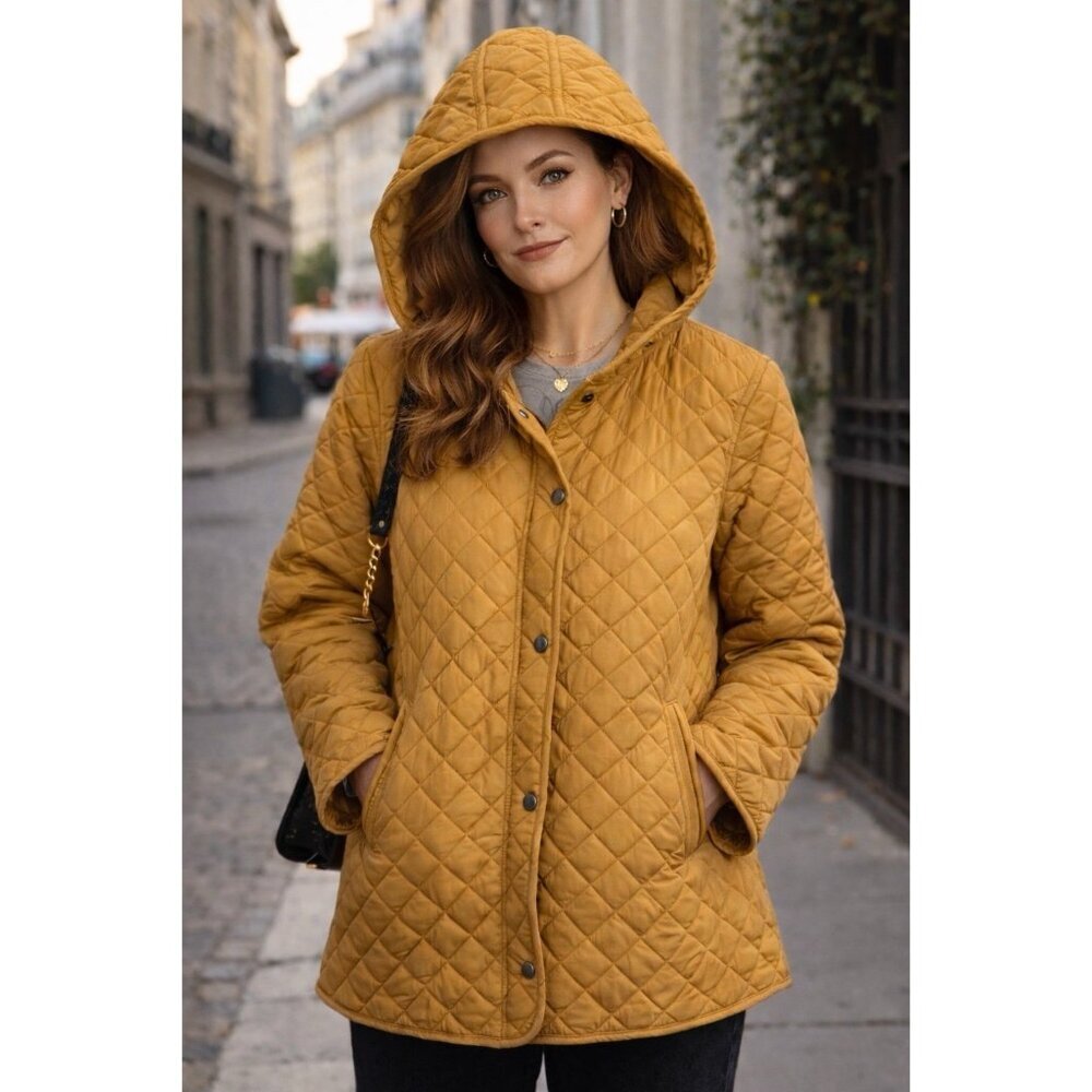 COLDWATER CREEK Women’s Quilted Car Coat Hood Fleece Lined Yellow Gold XL‎ Chore